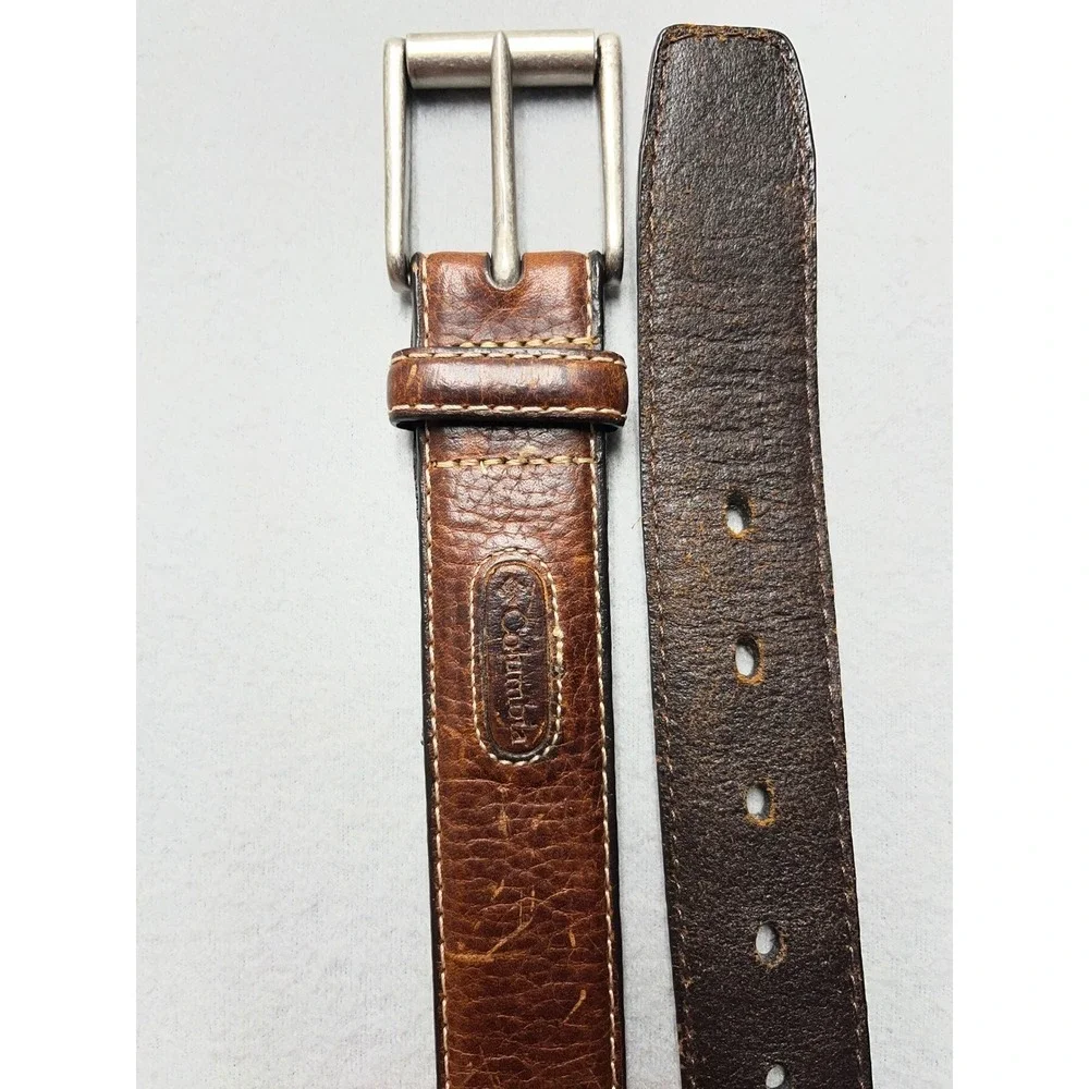 Columbia Mens Leather Belt 34 Tan Brown Textured Contrast Stitch rugged 11CO0289